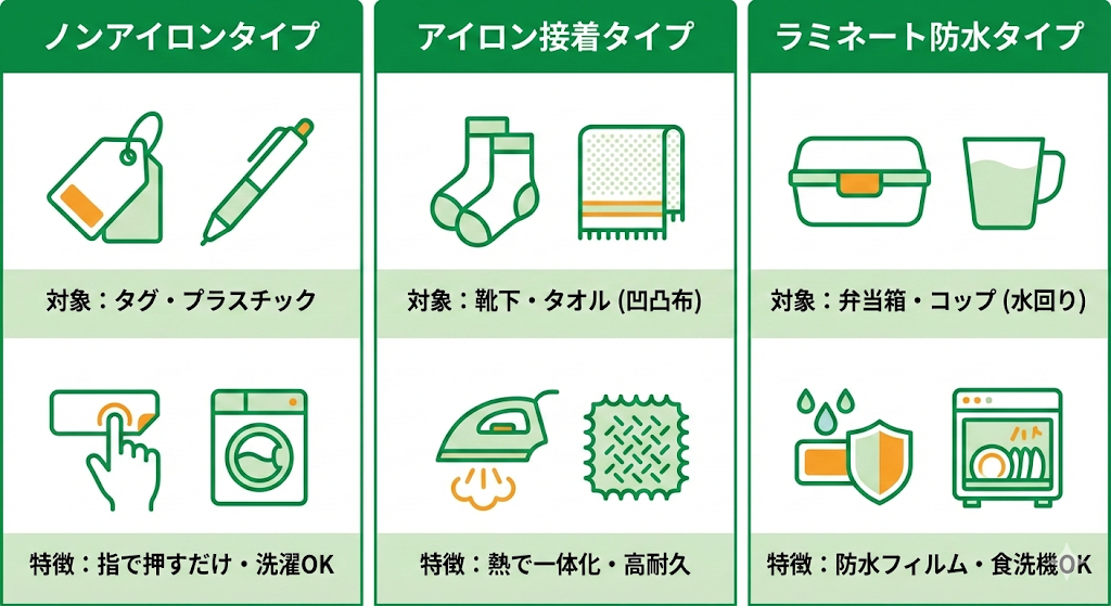◆名前シールの3つの種類と特徴の概要図